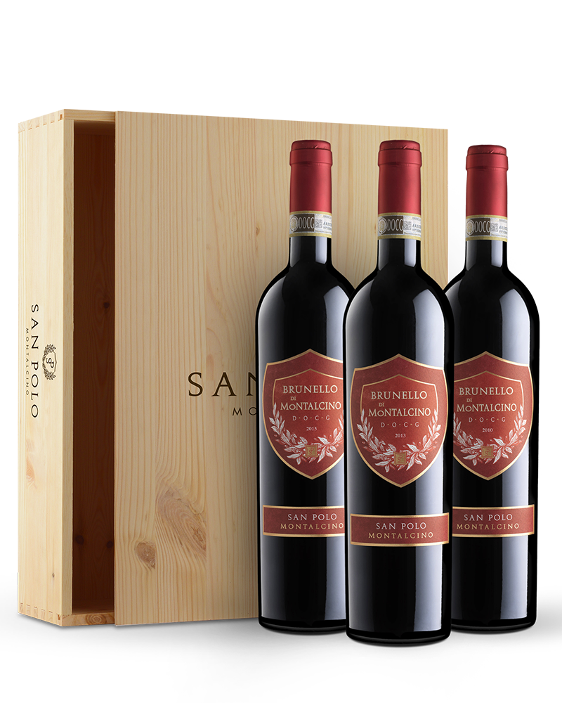 3 bouteilles de Brunello di Montalcino Vertikale dans une caisse en bois 2010-2013-2015